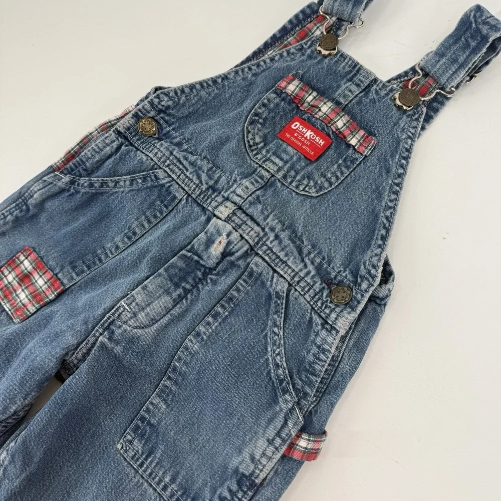 Oshkosh B'gosh Vintage Blue Denim Flannel Lined Patchwork Overalls Size 4T